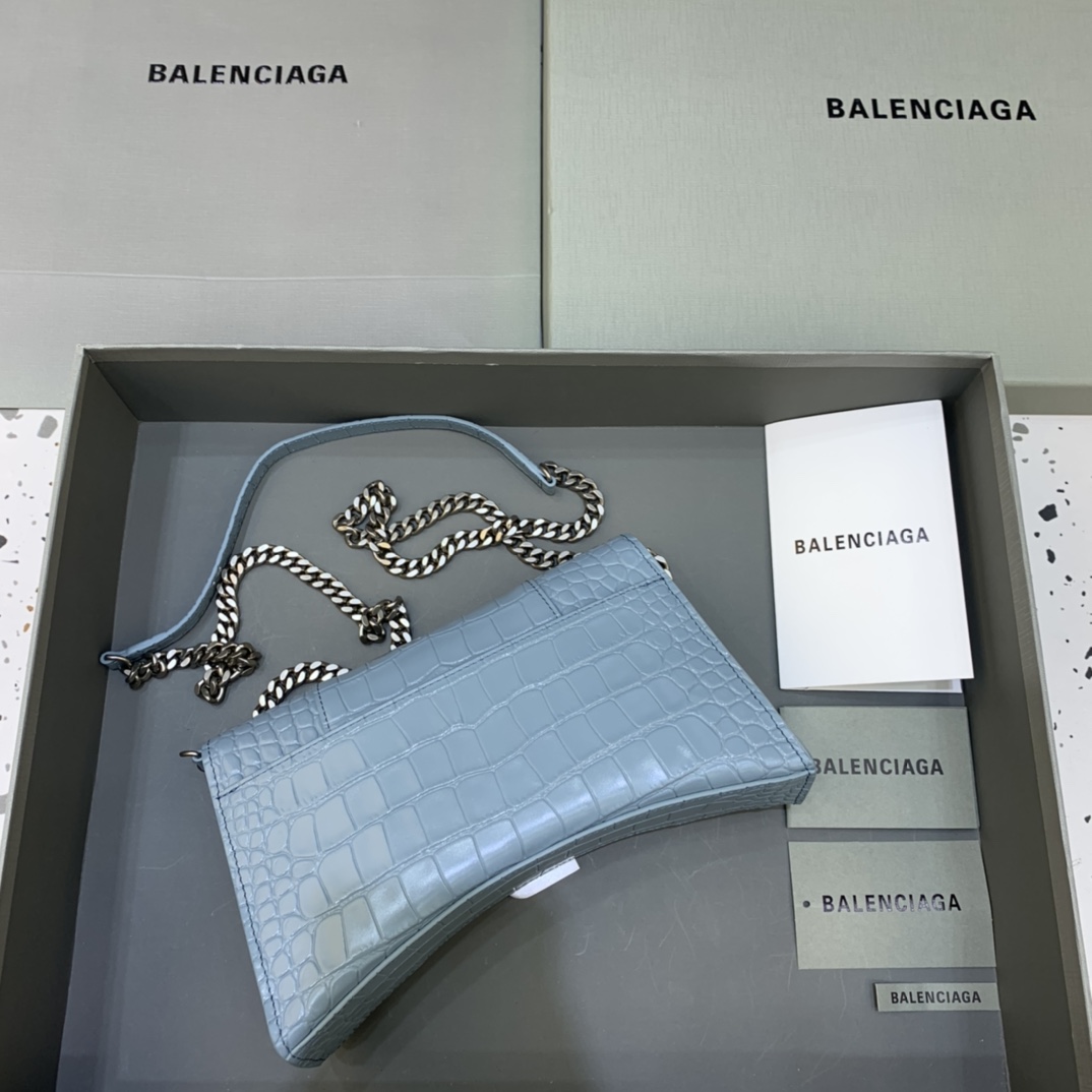 Balenciaga Big Hourglass Wallet With Chain Crocodile Embossed Shoulder Bag Light Blue